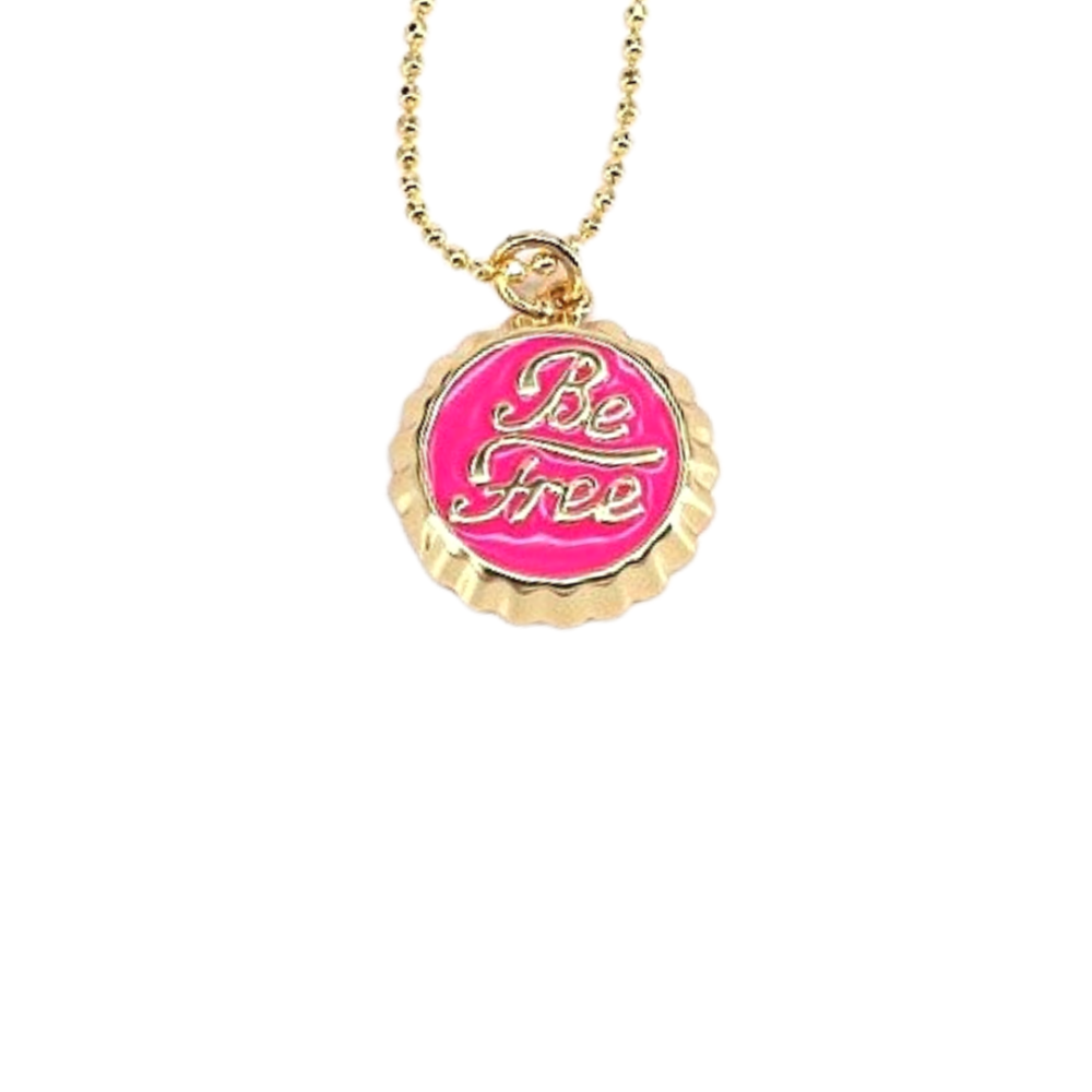 Bottle Cap Enamel Charm Necklace - Hot Pink