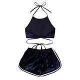Navy Crushed Velvet Wrap Halter Set