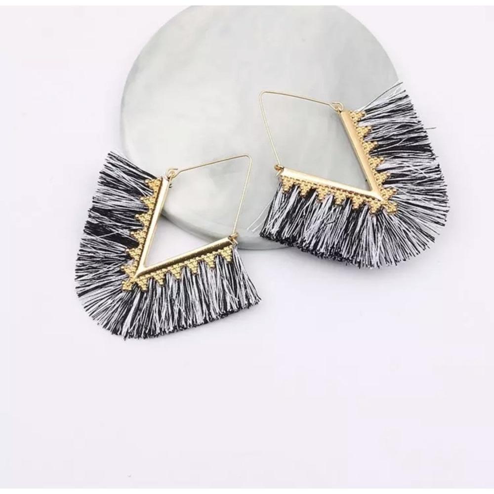 Fringe Tassel Earrings - Black & White Mix