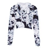 Leimolis Crop Top Hoodie Women 3D Print Pink Black Gothic Flower Skull Casual Harajuku Kawaii Spring Autumn Thin Tops Sweatshirt - 77012 / S