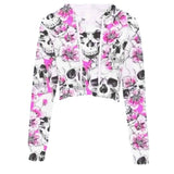 Skull & Roses Cropped Hoodie - Pink Black Skulls / S
