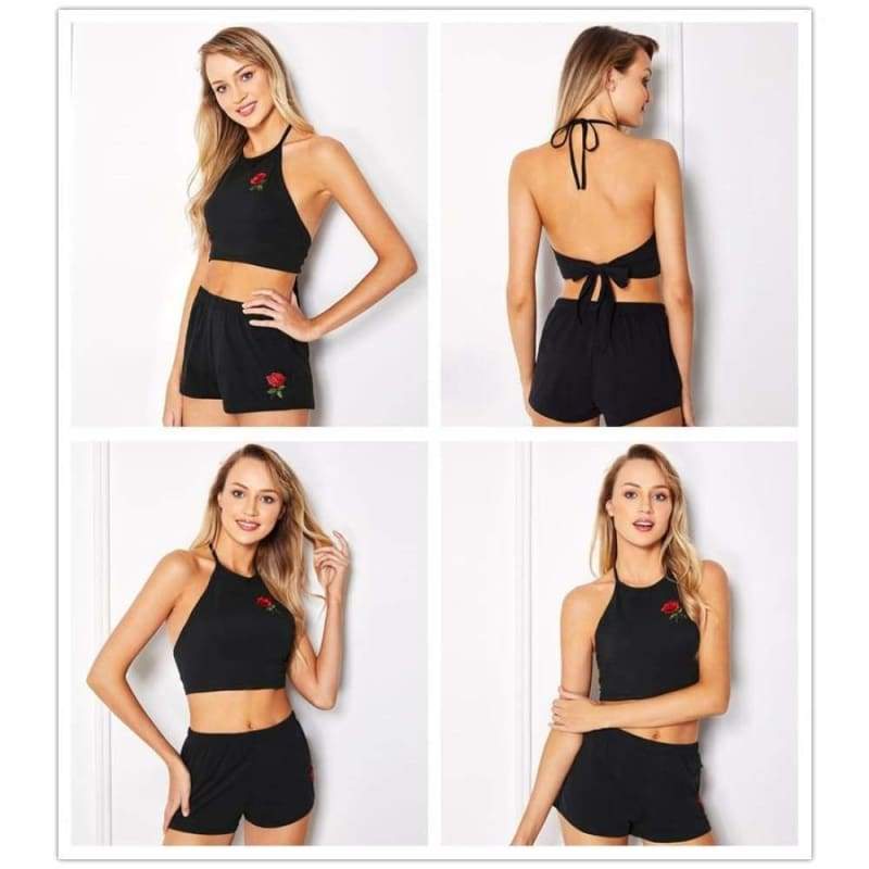 Romwe Womens Two Piece Sets 2018 Summer Ladies Two Way Sleeveless Rose Embroidered Tie Back Halter Top And Shorts