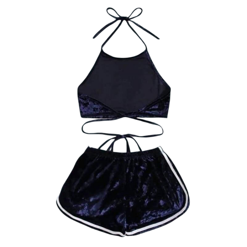 Navy Crushed Velvet Wrap Halter Set