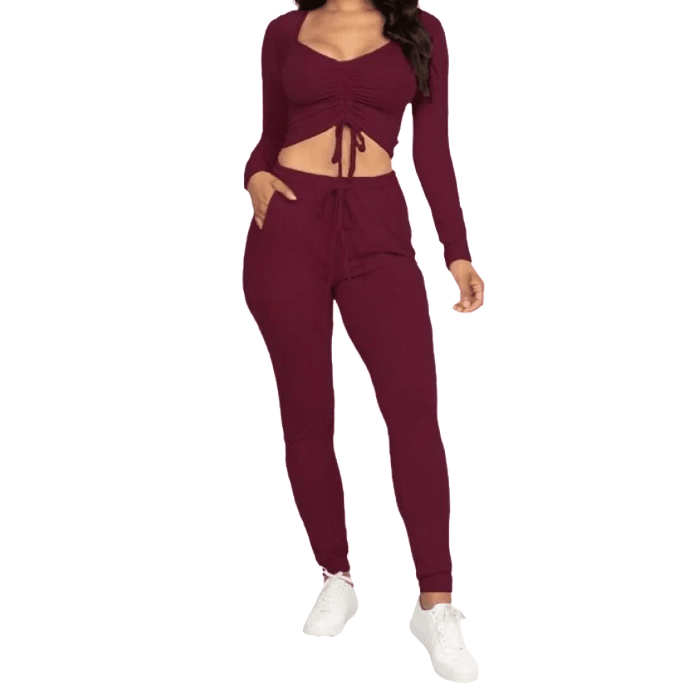 Burgundy Ruched Crop Top +Joggers Set