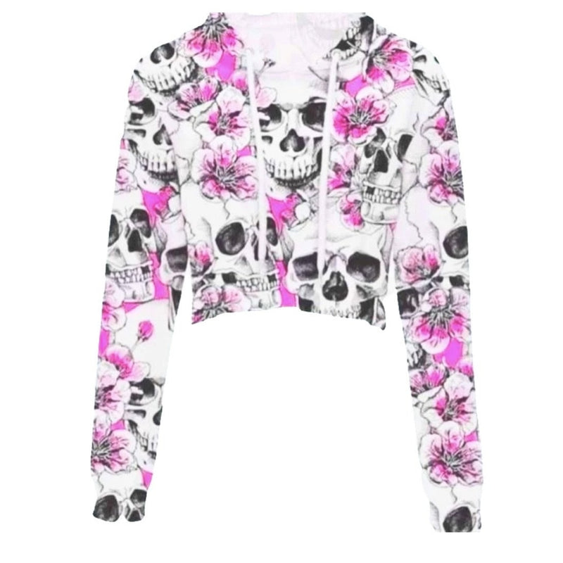 Skull & Roses Cropped Hoodie - Pink Black Skulls / S