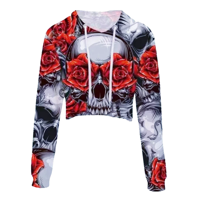 Leimolis Crop Top Hoodie Women 3D Print Pink Black Gothic Flower Skull Casual Harajuku Kawaii Spring Autumn Thin Tops Sweatshirt - 77007 / S